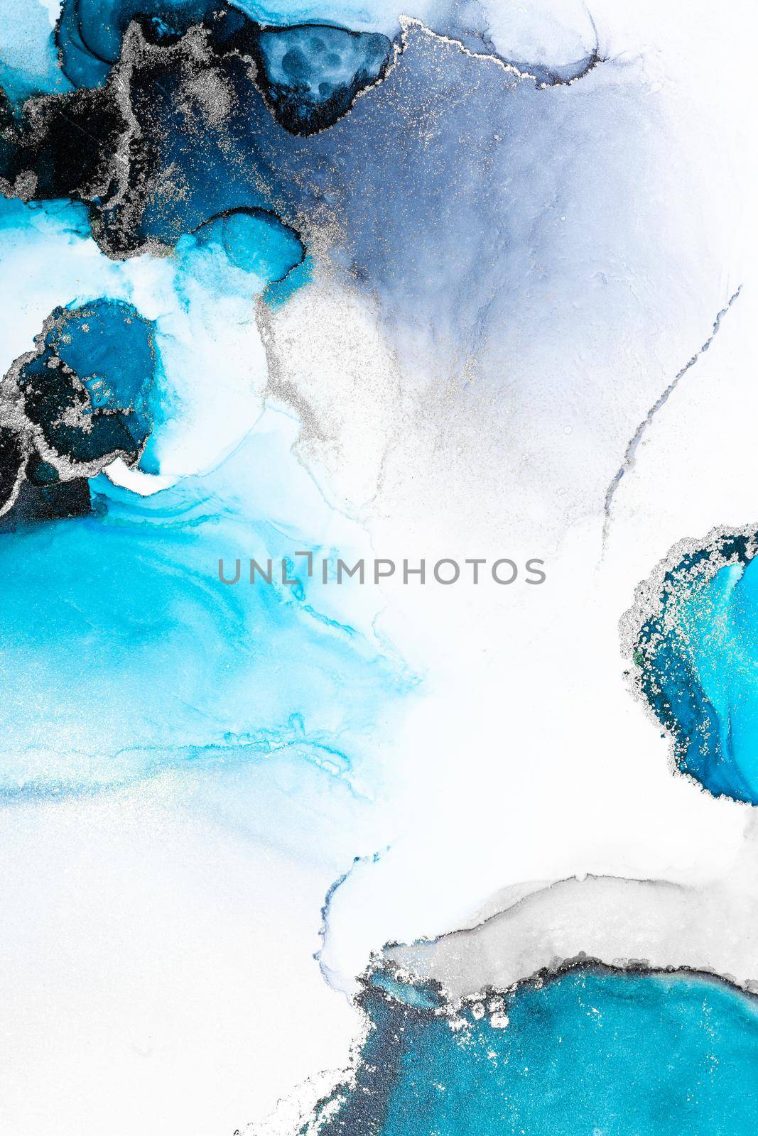 Blue silver abstract background of marble liquid ink art painting on paper . by biancoblue