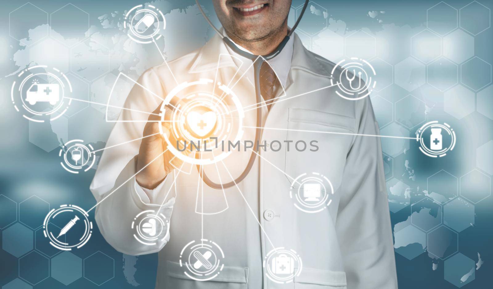 Medical Healthcare Concept - Doctor in hospital with digital medical icons graphic banner showing symbol of medicine, medical care people, emergency service network, doctor data of patient health.