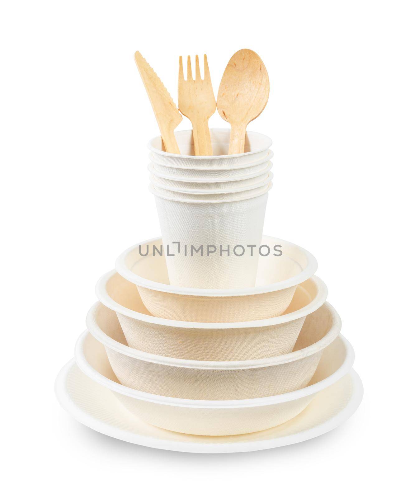 Set of unbleached plant fiber food box and paper cup isolated on white background, Save clipping path. Natural fiber eco food and drink packaging.