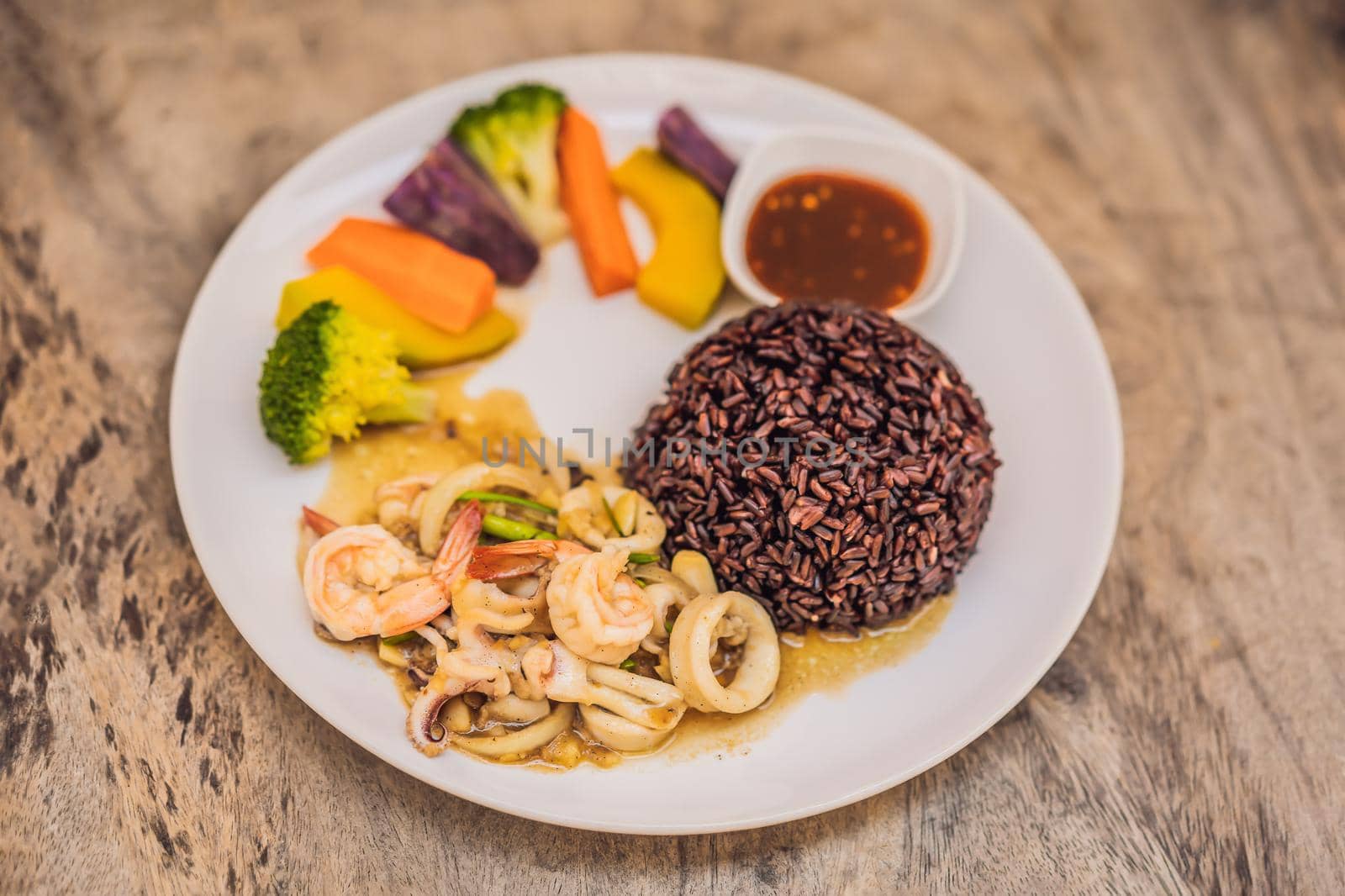 Brown rice, seafood, vegetables Healthy meal for lunch