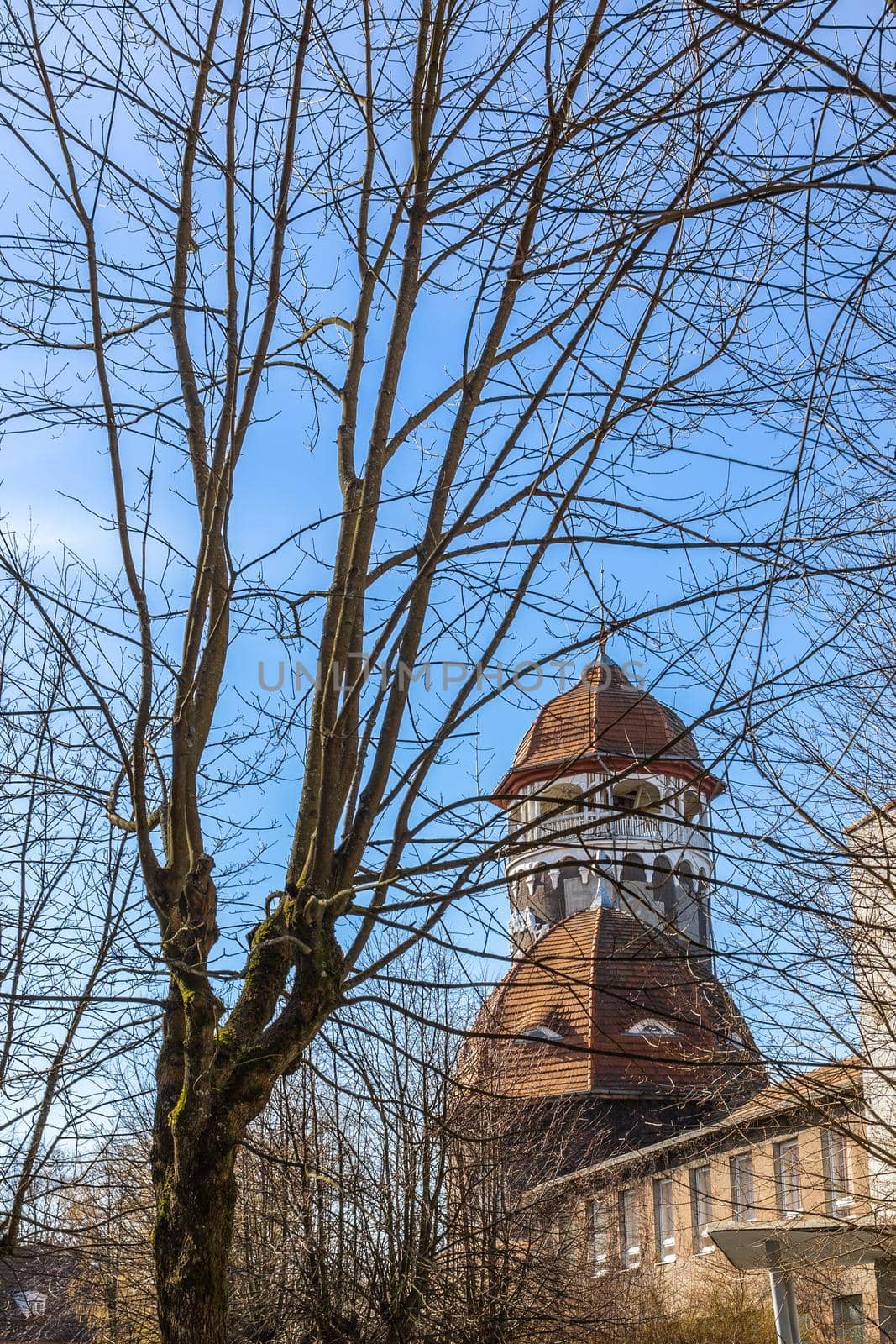 The main attraction and symbol of the city is the water tower in Svetlogorsk Raushen, Kalinigrad region, Russia, near the Baltic sea. High quality photo.