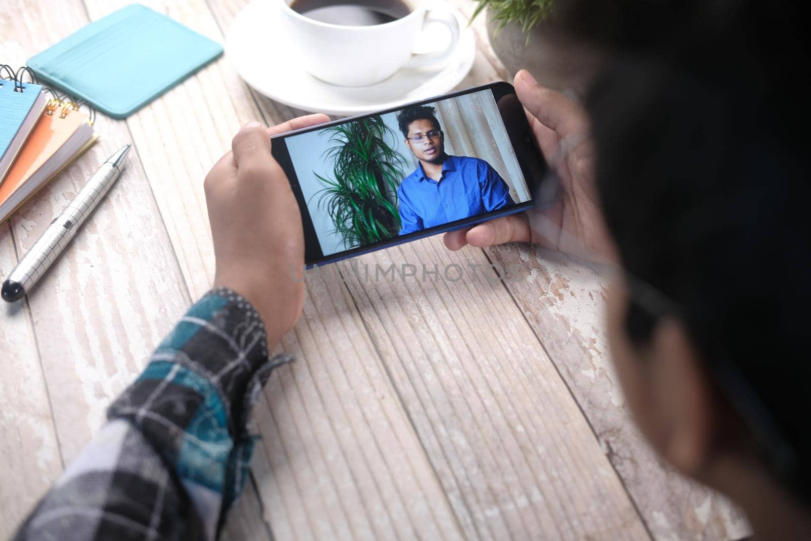 businessman working in video conference, close up