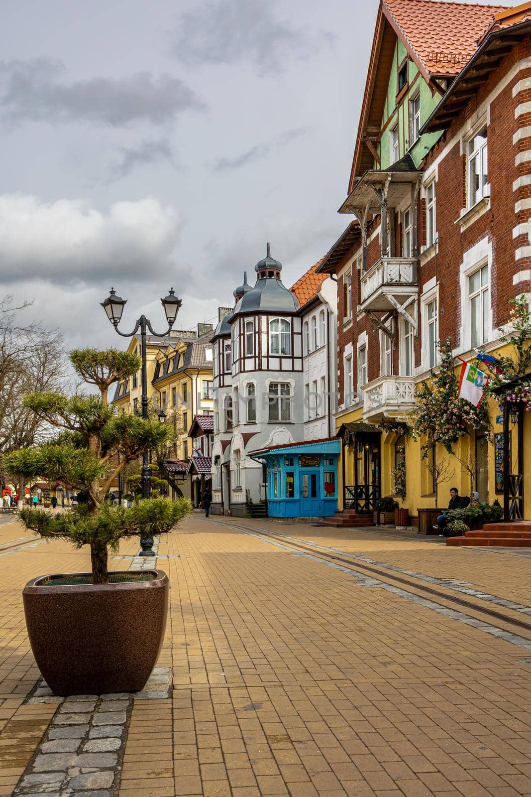 Zelenogradsk, Kaliningrad region, Russia - april 04 2022: Sight. Picturesque central street with old houses in European style