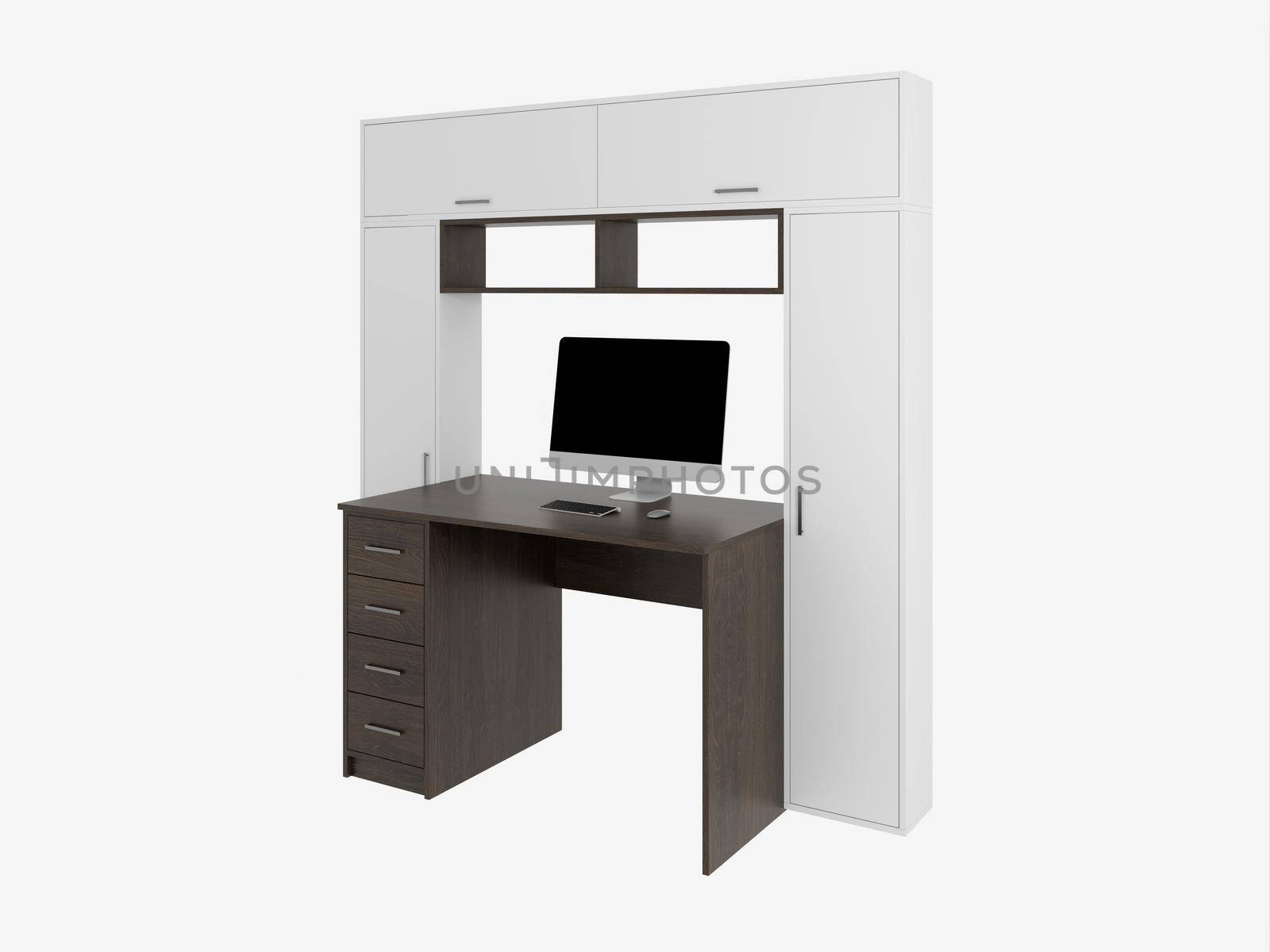 3d rendering of a desktop with a computer. Model of a computer table on a white background.