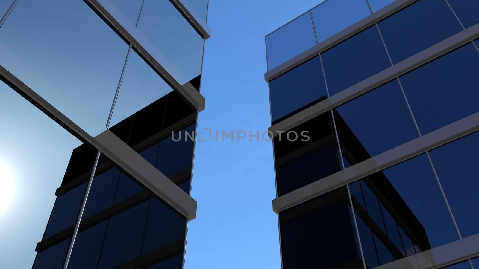 Blue skyscraper. Glass mirror of the facade of buildings. 3D render of a skyscraper, modern architecture.