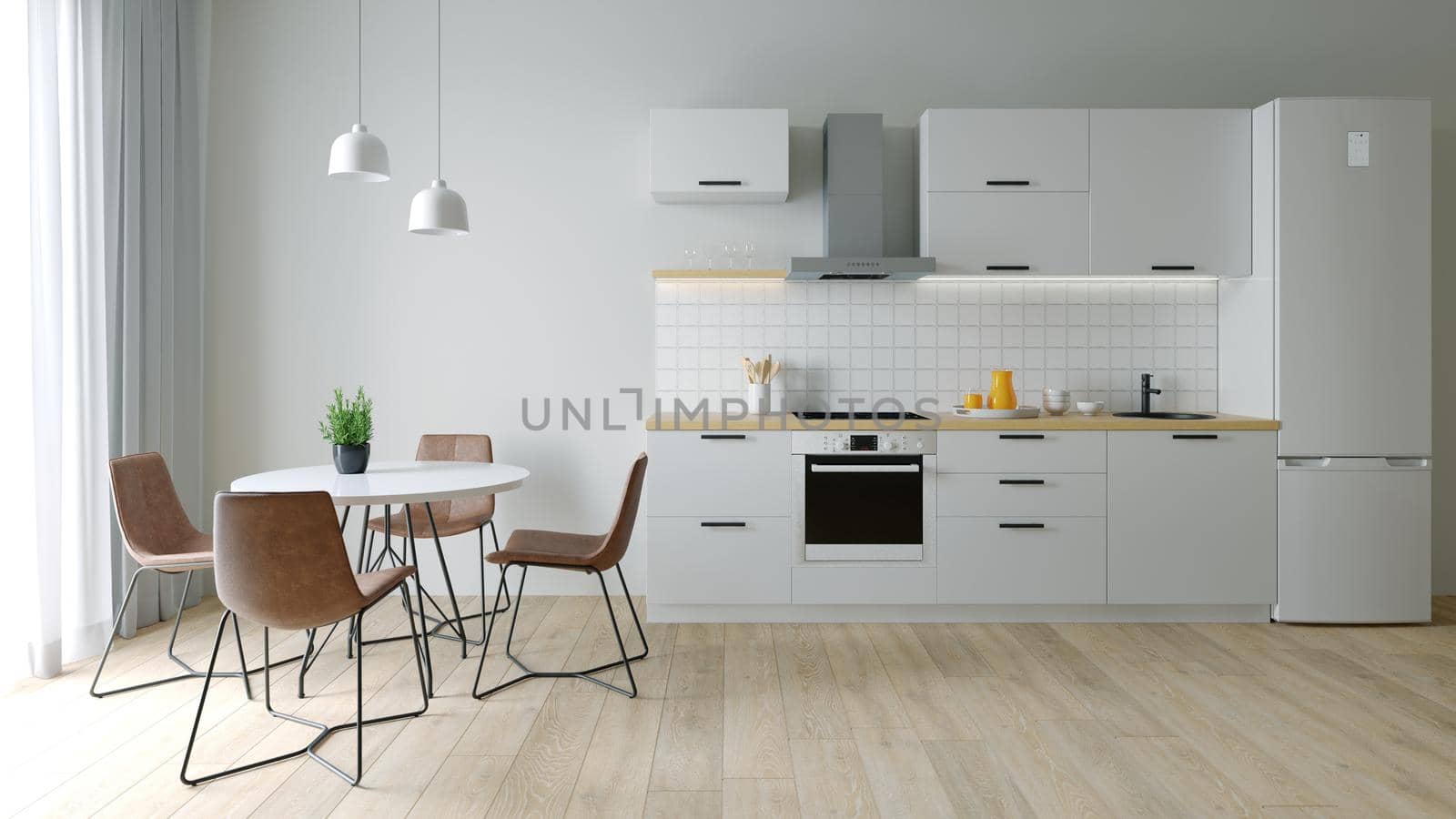 Kitchen interier. 3D rendering of a bright kitchen. by N_Design
