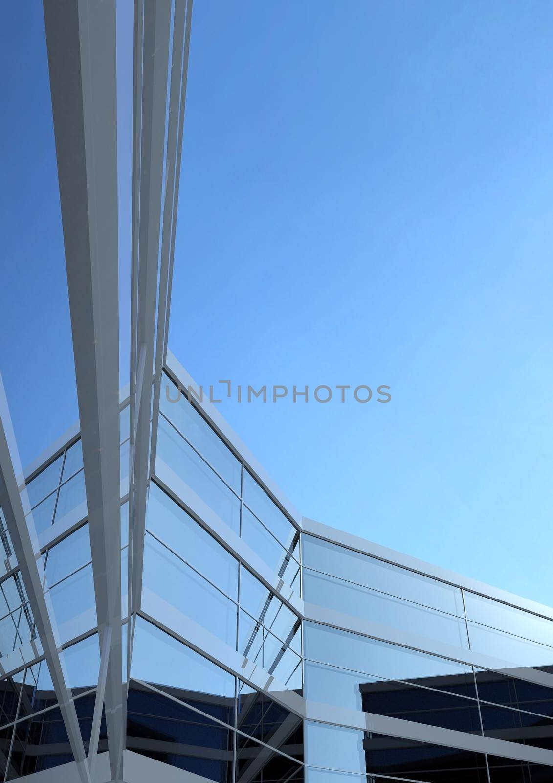 Blue skyscraper. Glass mirror of the facade of buildings. 3D render of a skyscraper, modern architecture.