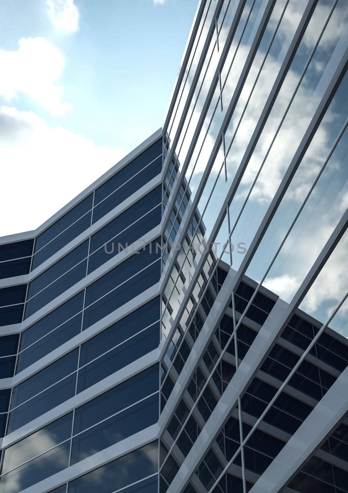 Blue skyscraper. Glass mirror of the facade of buildings. 3D render of a skyscraper, modern architecture.