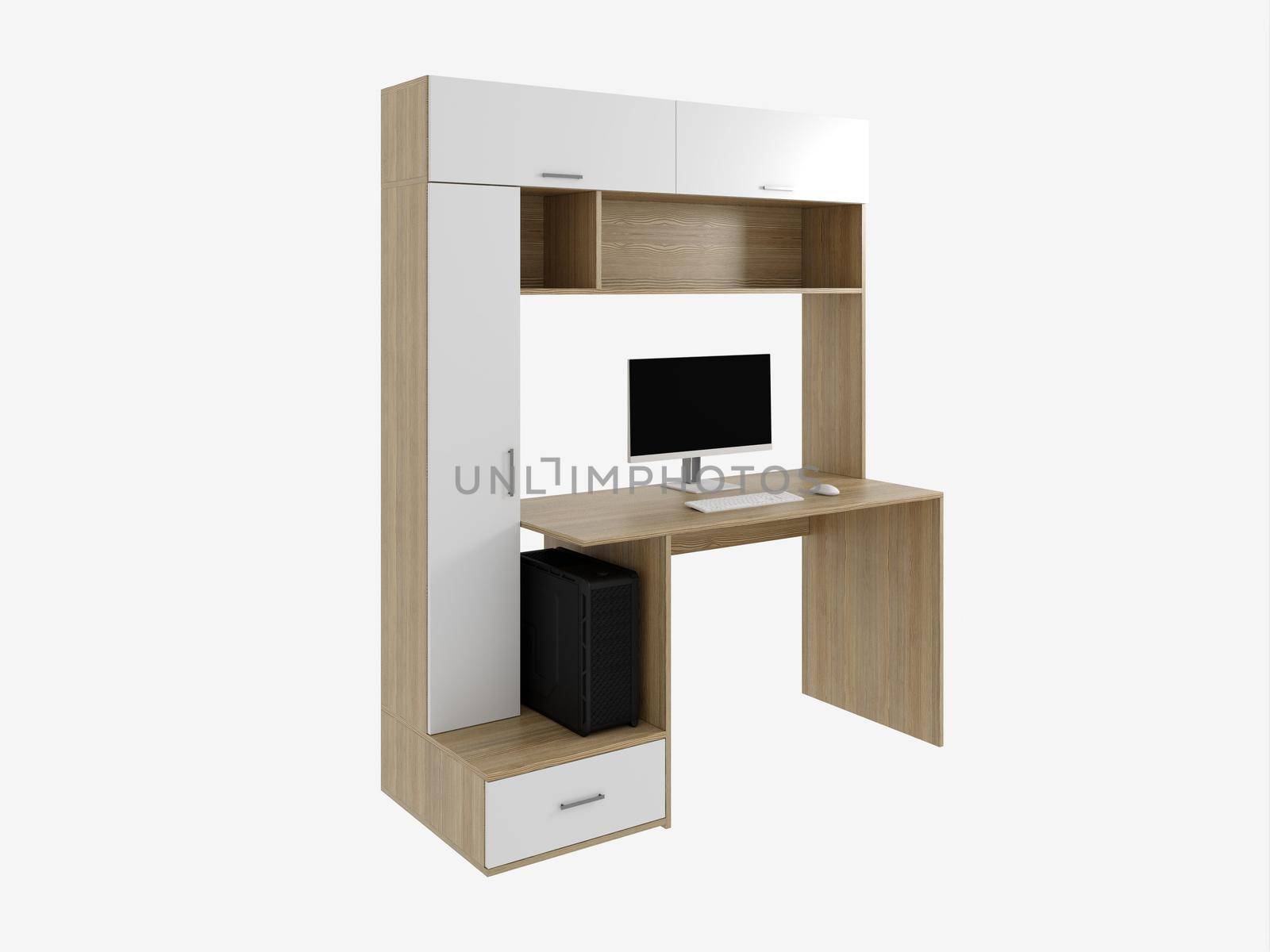3d rendering of a desktop with a computer. Model of a computer table on a white background.