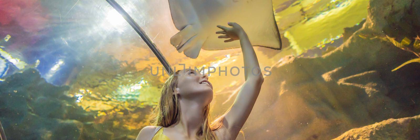 Young woman touches a stingray fish in an oceanarium tunnel BANNER, LONG FORMAT by galitskaya