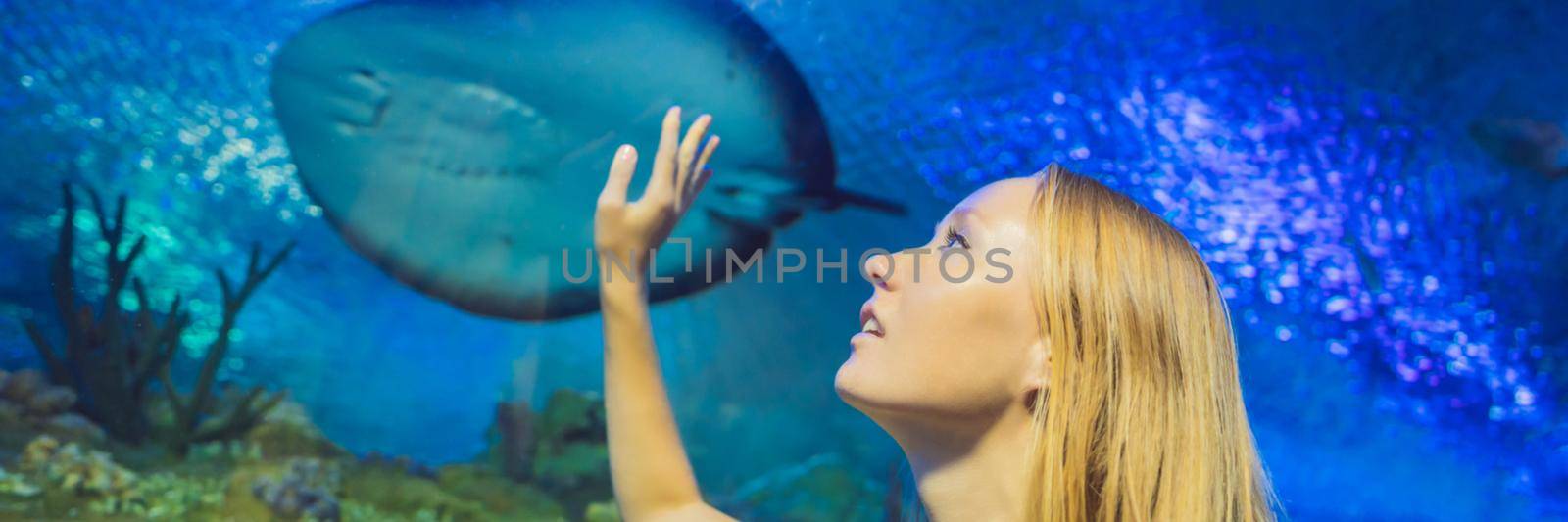 Young woman touches a stingray fish in an oceanarium tunnel BANNER, LONG FORMAT by galitskaya