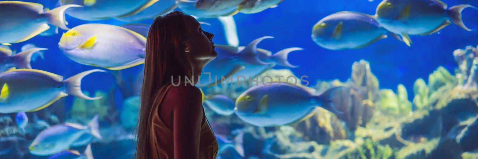 Young woman touches a stingray fish in an oceanarium tunnel. BANNER, LONG FORMAT