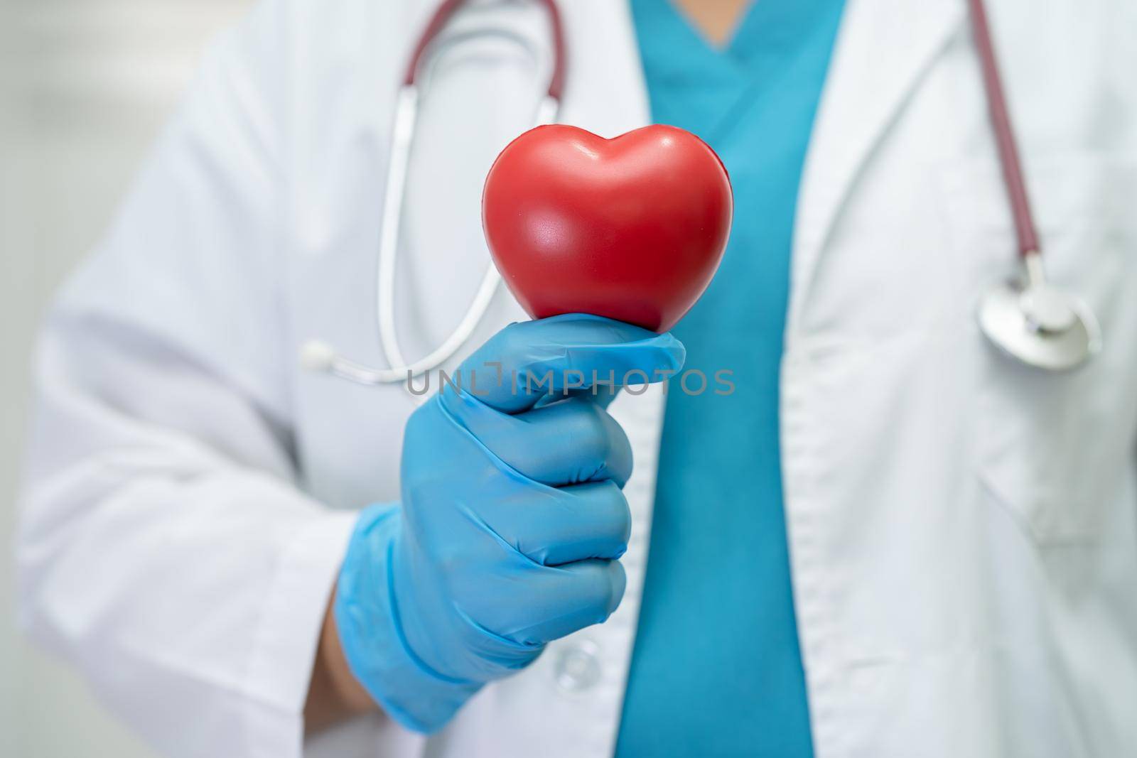 Doctor holding a red heart in hospital ward, healthy strong medical concept.