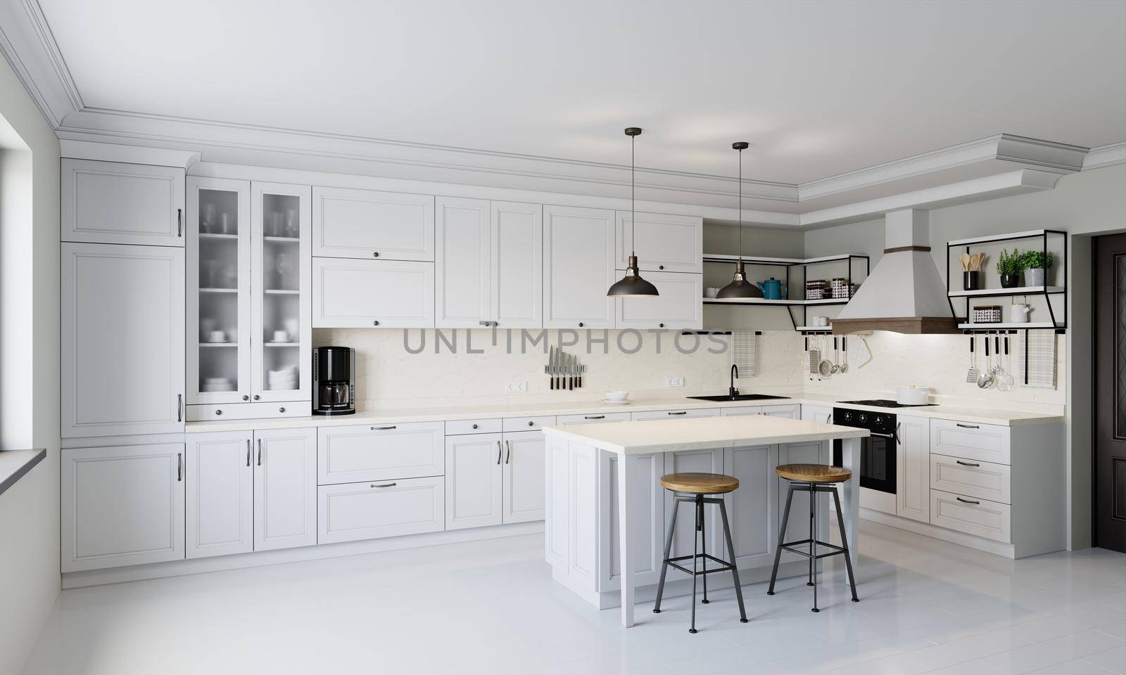 Modern style kitchen with light counter top with sink, hob, oven, kitchen utensils. There are drawers under the table top. 3D rendering.