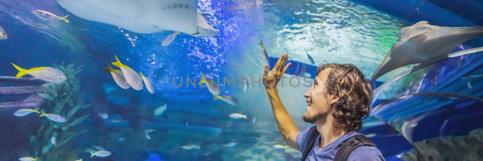 curious tourist watching with interest on shark in oceanarium tunnel. BANNER, LONG FORMAT