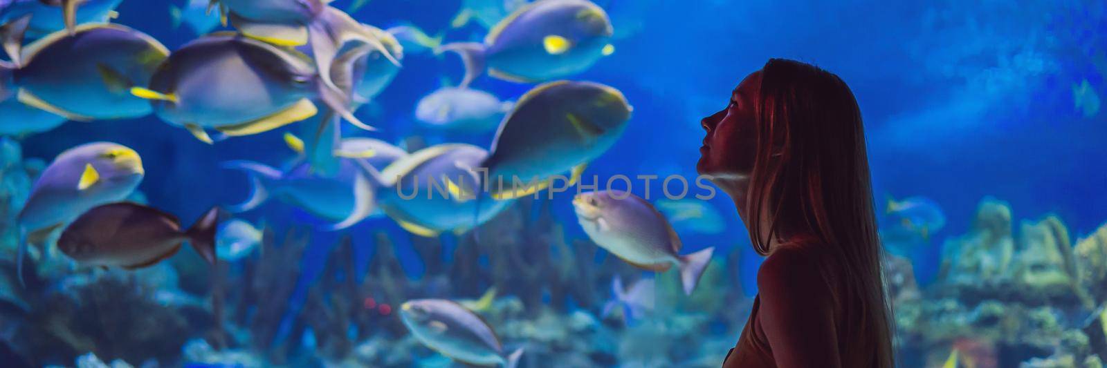 Young woman touches a stingray fish in an oceanarium tunnel. BANNER, LONG FORMAT