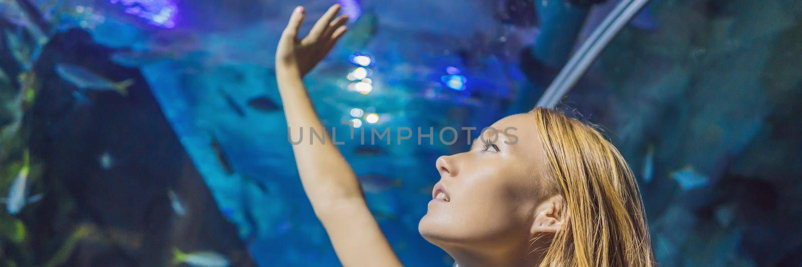 Young woman touches a stingray fish in an oceanarium tunnel. BANNER, LONG FORMAT