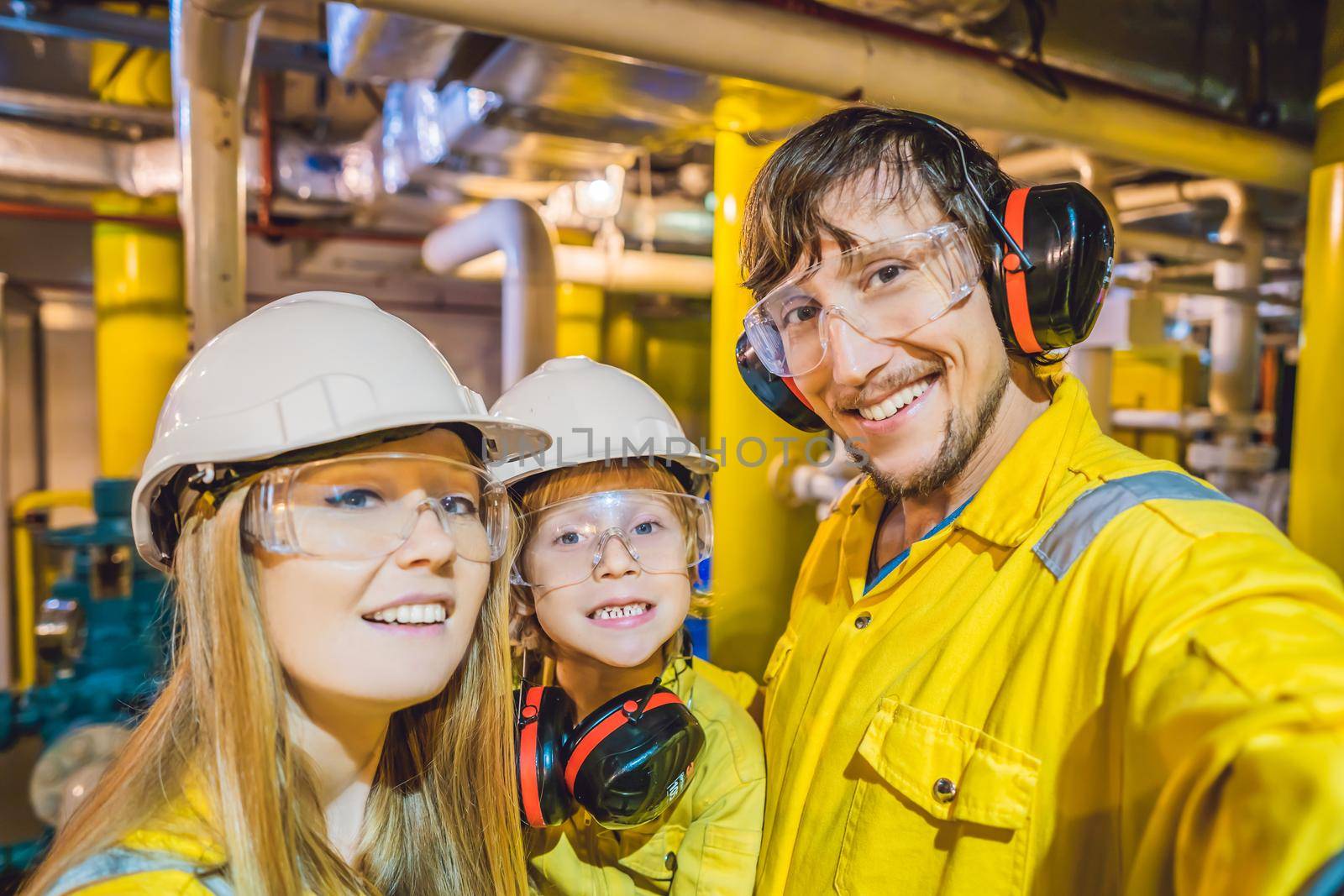 Mom, Dad and Son in a yellow work uniform, glasses, and helmet in an industrial environment, oil Platform or liquefied gas plant.
