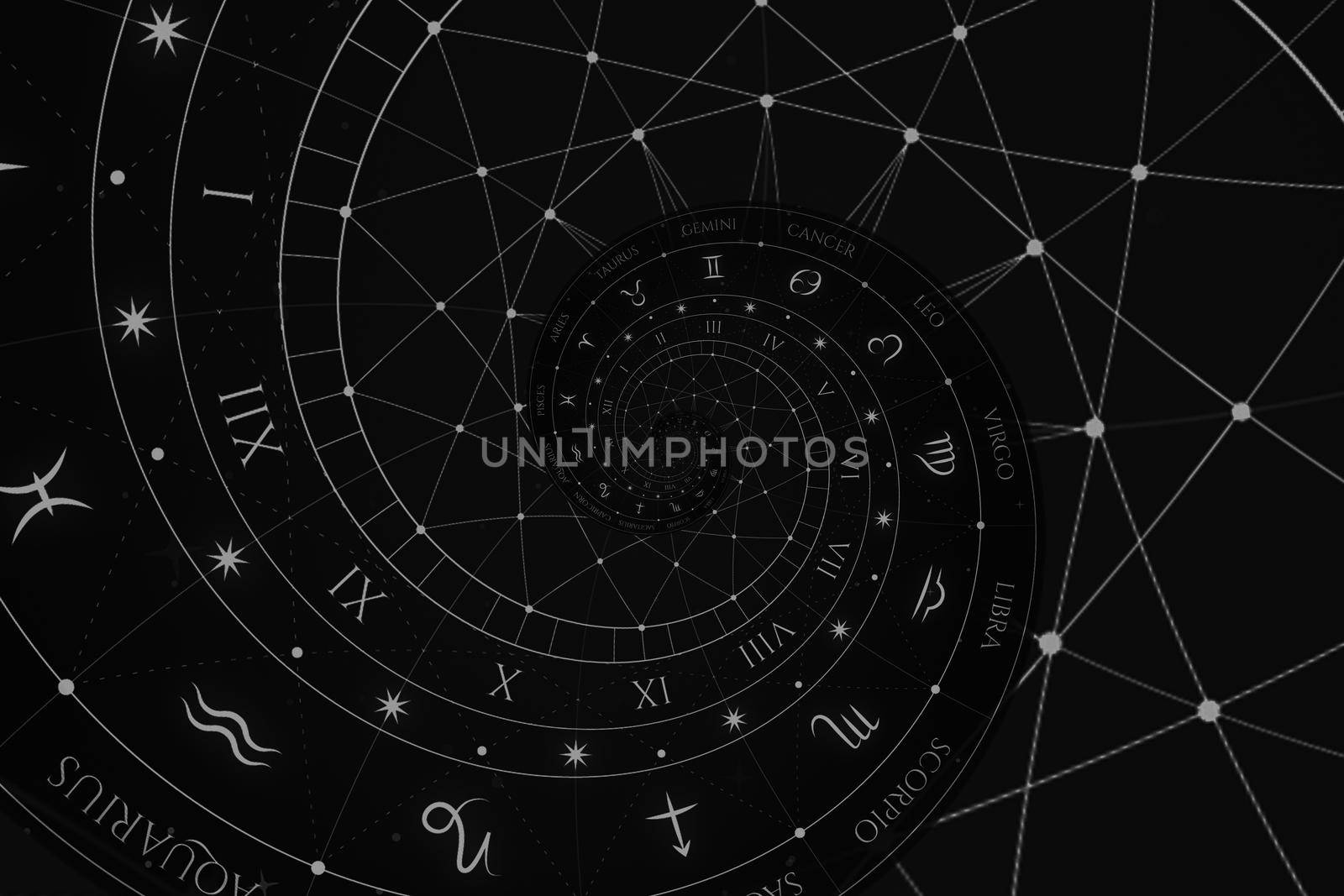 Abstract old conceptual background on mysticism, astrology, fantasy - black