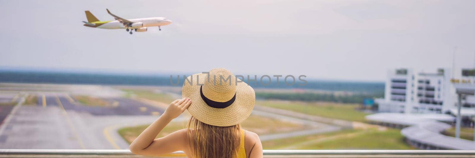 Start of her journey. Beautiful young woman ltraveler in a yellow dress and a yellow suitcase is waiting for her flight. BANNER, LONG FORMAT