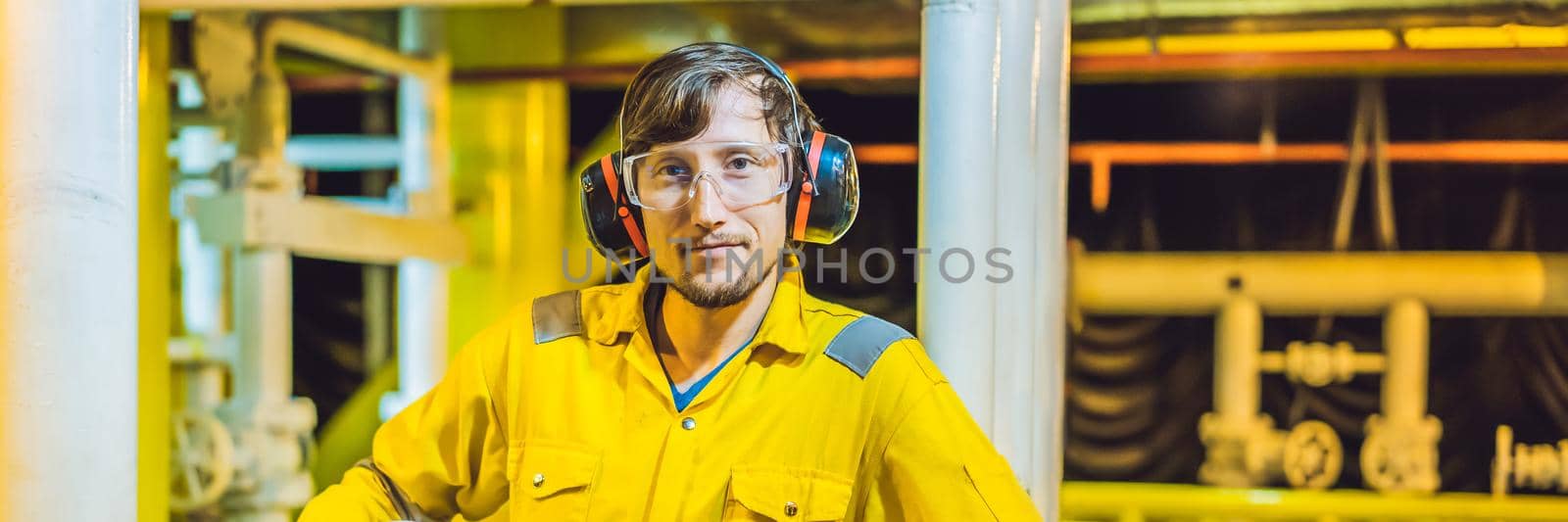 Young man in a yellow work uniform, glasses and helmet in industrial environment,oil Platform or liquefied gas plant. BANNER, LONG FORMAT