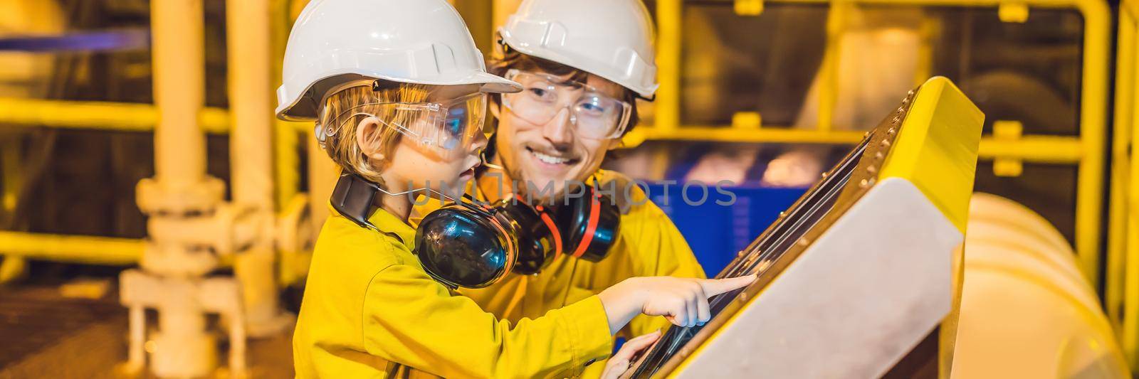BANNER, LONG FORMAT A young man and a little boy are both in a yellow work uniform, glasses, and helmet in an industrial environment, oil Platform or liquefied gas plant looking at a screen by galitskaya
