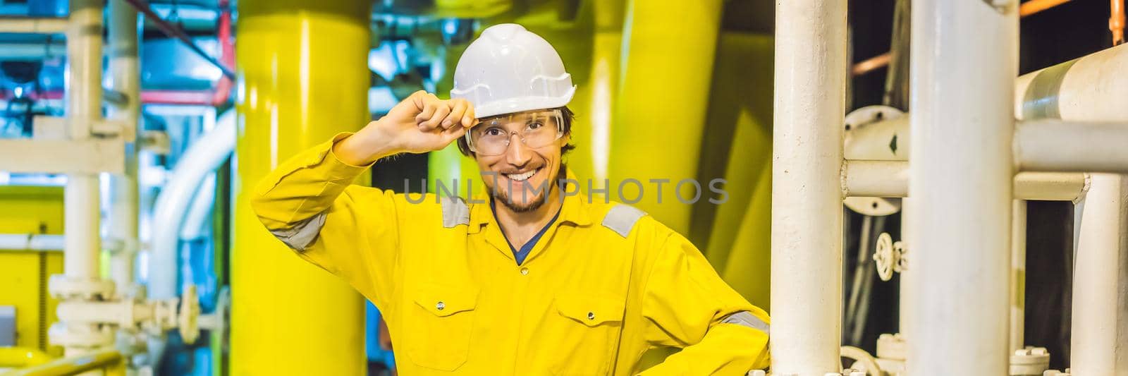 Young man in a yellow work uniform, glasses and helmet in industrial environment,oil Platform or liquefied gas plant. BANNER, LONG FORMAT