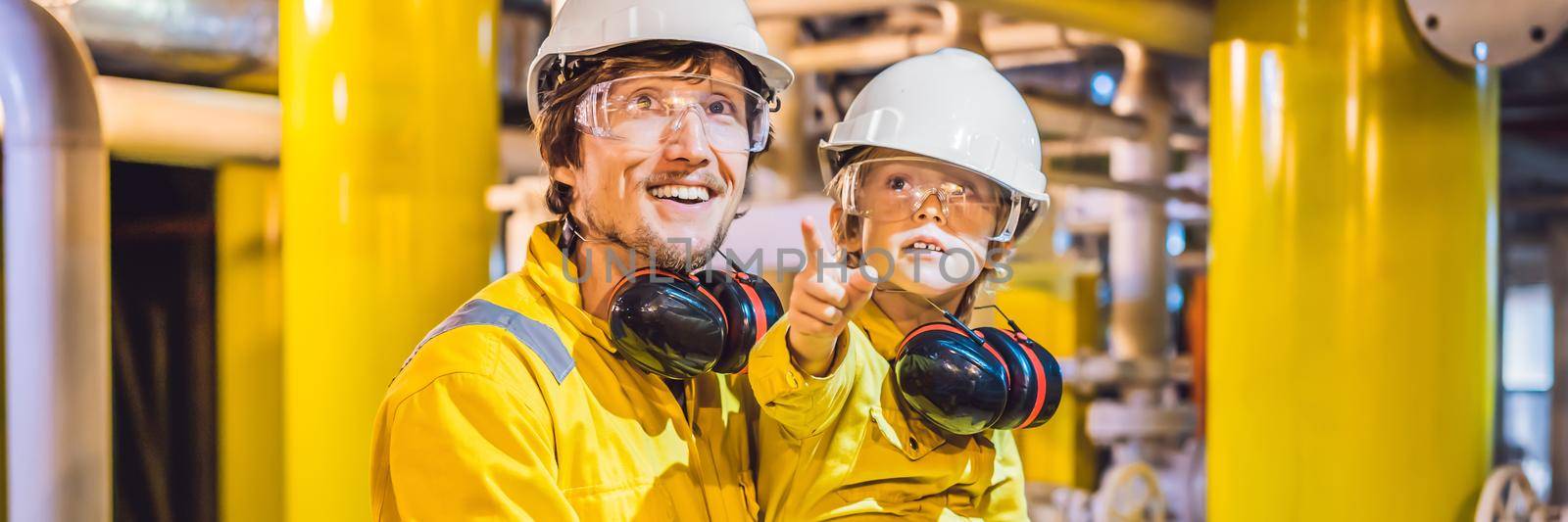 BANNER, LONG FORMAT Young man and a little boy are both in a yellow work uniform, glasses, and helmet in an industrial environment, oil Platform or liquefied gas plant.