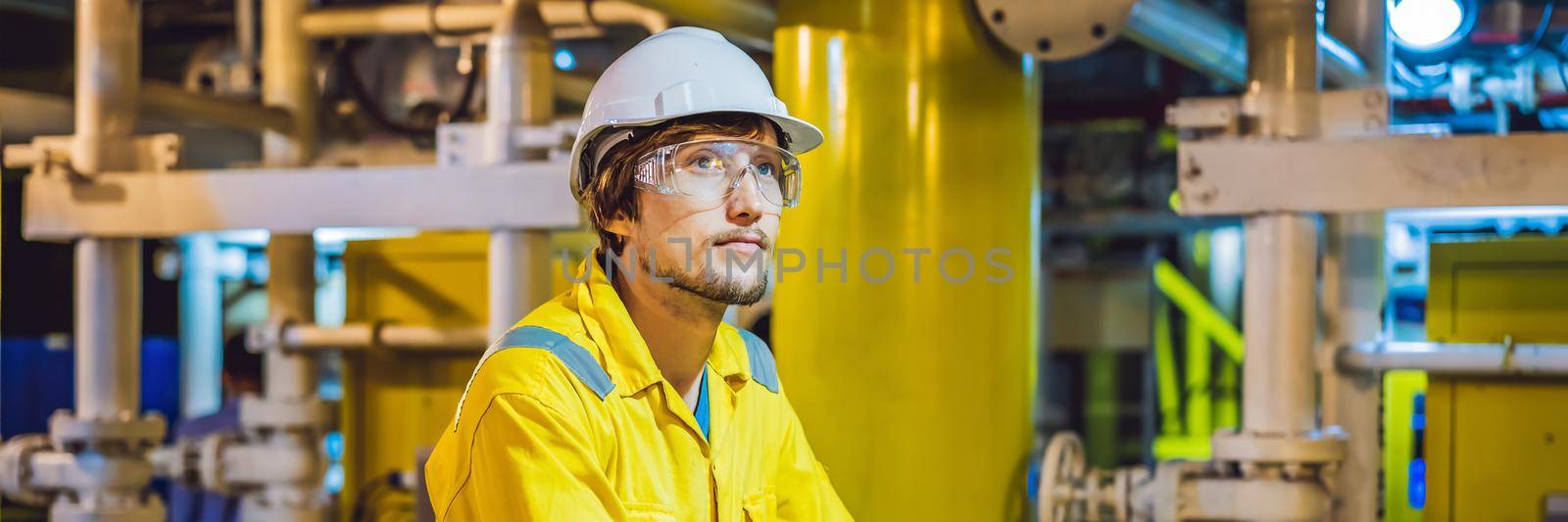 Young man in a yellow work uniform, glasses and helmet in industrial environment,oil Platform or liquefied gas plant BANNER, LONG FORMAT by galitskaya