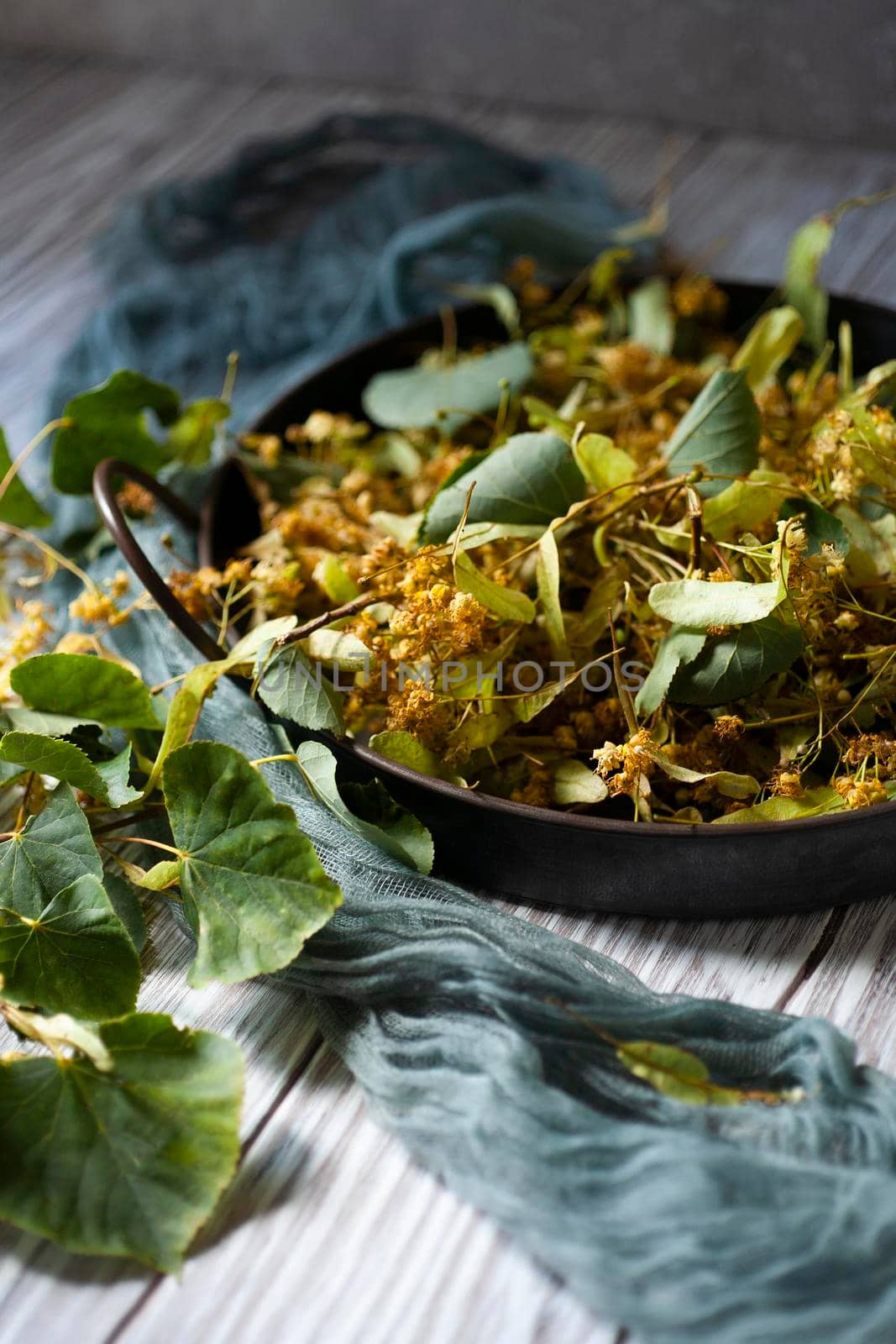 Flowers and leaves of linden tree in tray on white table.. Linden flowers have the common use in folk medicine. Selective focus.