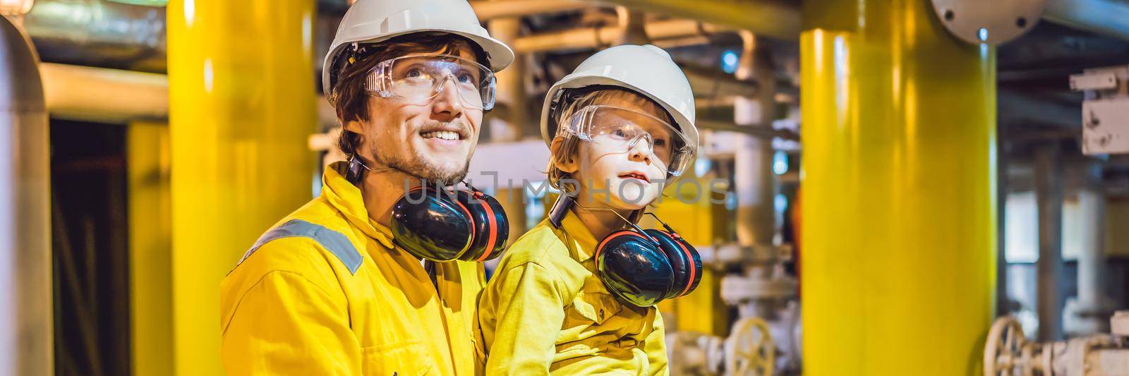 BANNER, LONG FORMAT Young man and a little boy are both in a yellow work uniform, glasses, and helmet in an industrial environment, oil Platform or liquefied gas plant.