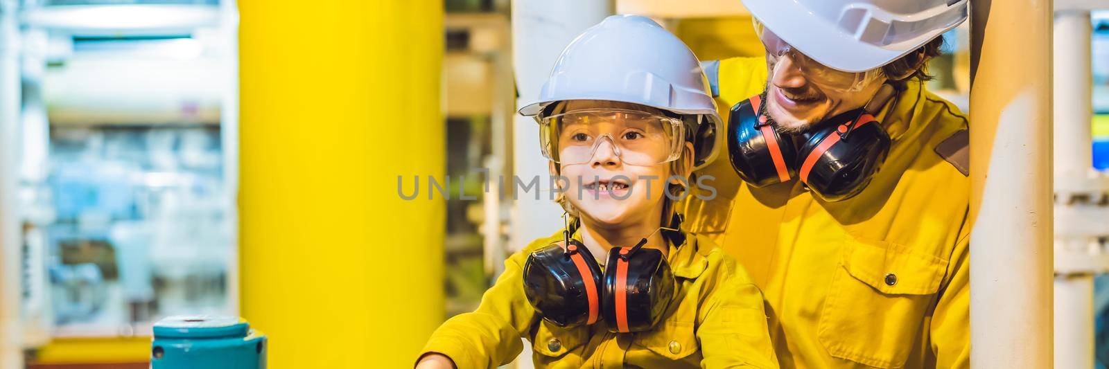 BANNER, LONG FORMAT Young man and a little boy are both in a yellow work uniform, glasses, and helmet in an industrial environment, oil Platform or liquefied gas plant by galitskaya