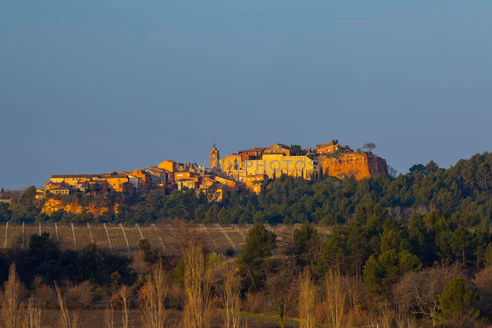 Landscape with historic ocher village Roussillon, Provence, Luberon, Vaucluse, France