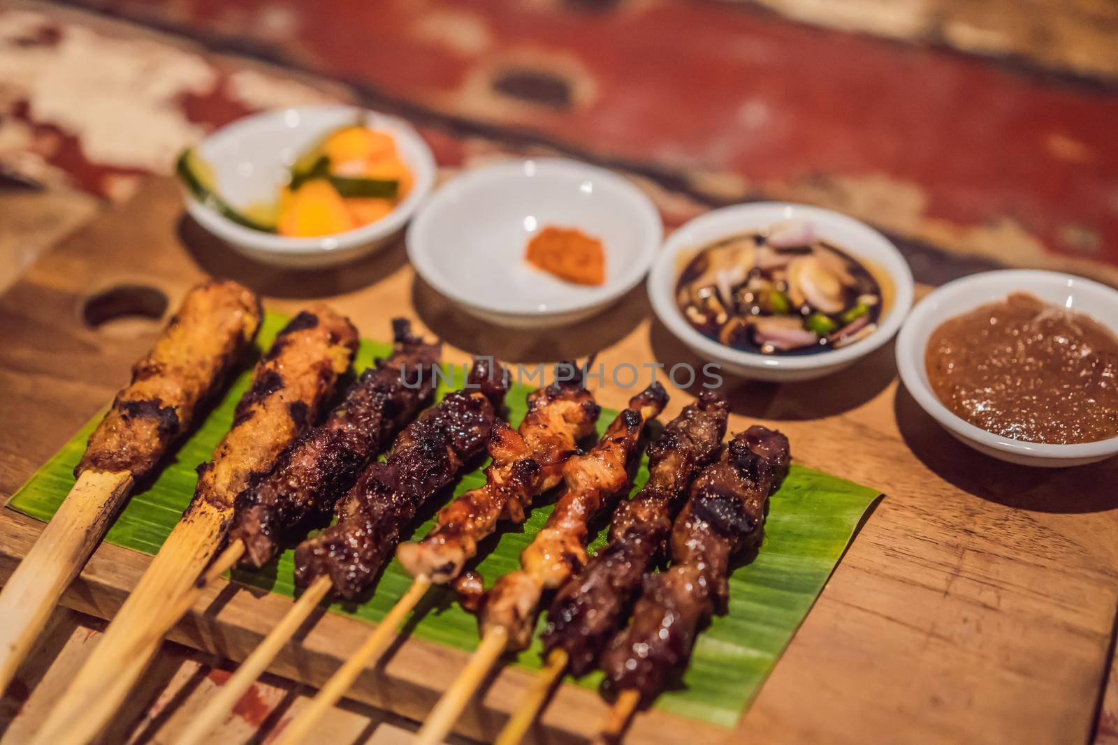 Different kinds of satay dinner Indonesian food.