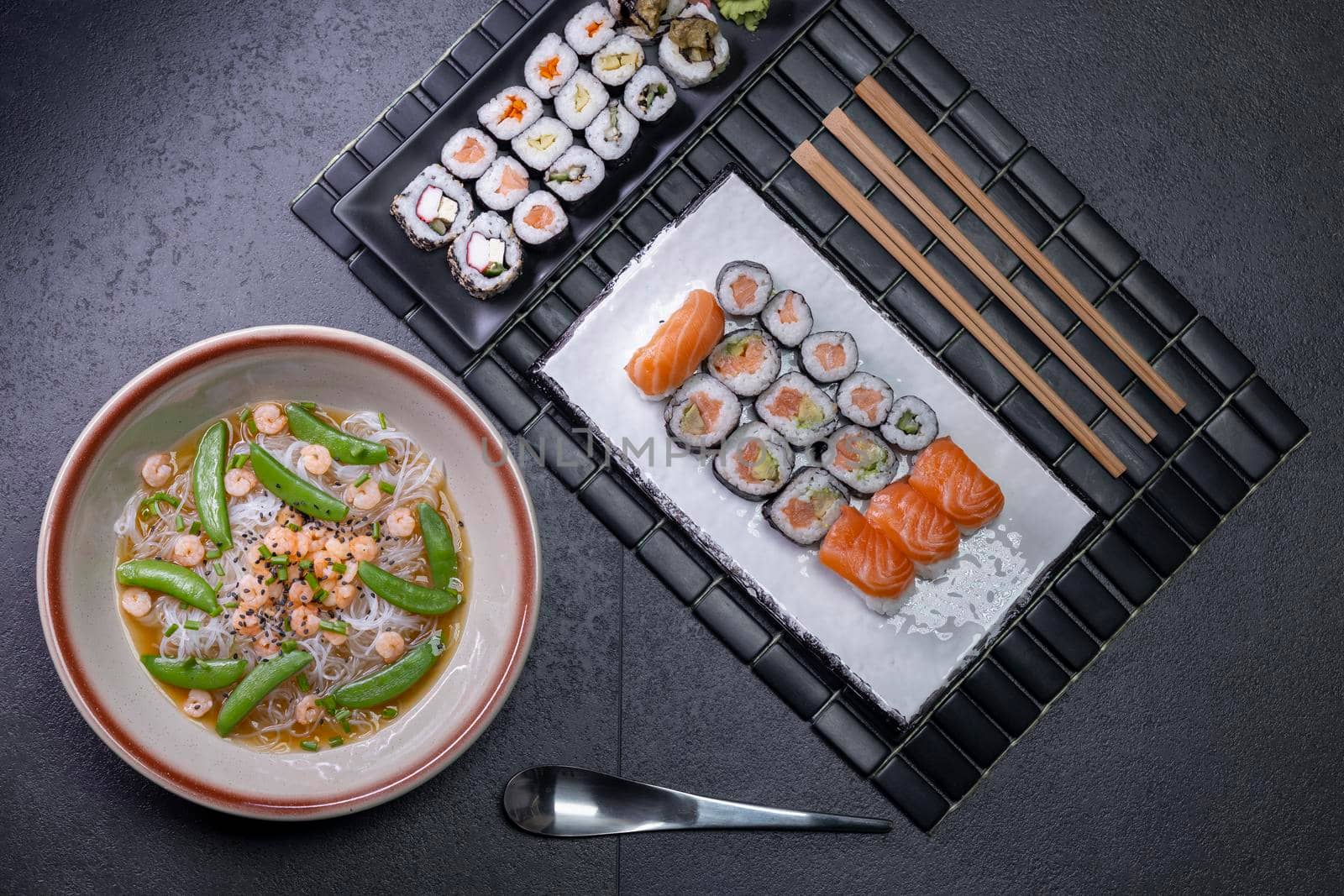 Various dishes of Asian cuisine with typical sushi by phbcz