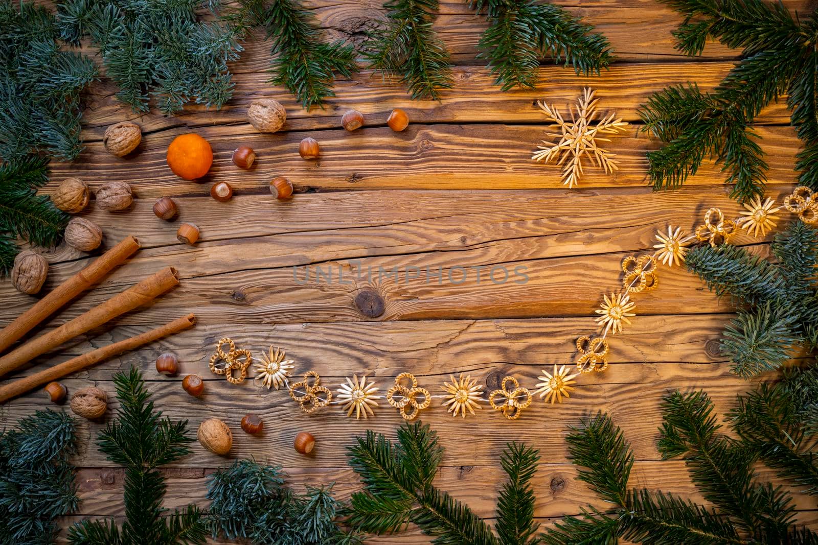 Traditional Czech Christmas on wood decoration with twig and nut by phbcz