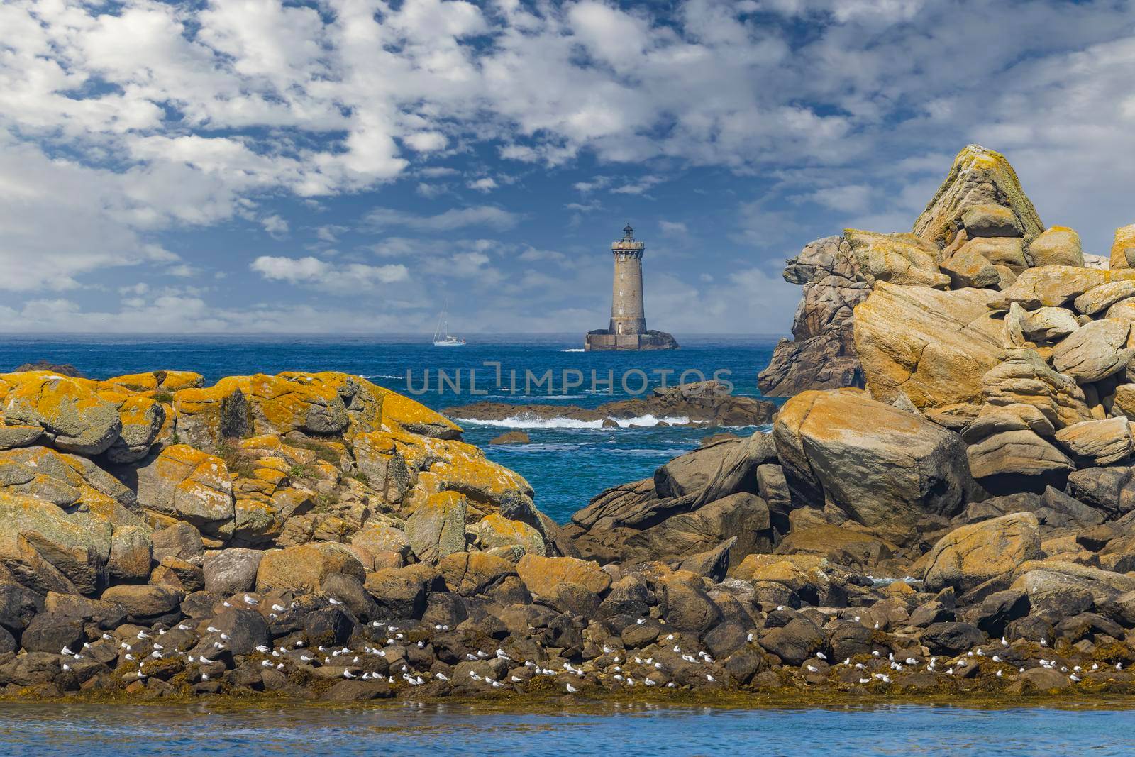 Coast with Phare du Four near Argenton in Brittany, France by phbcz