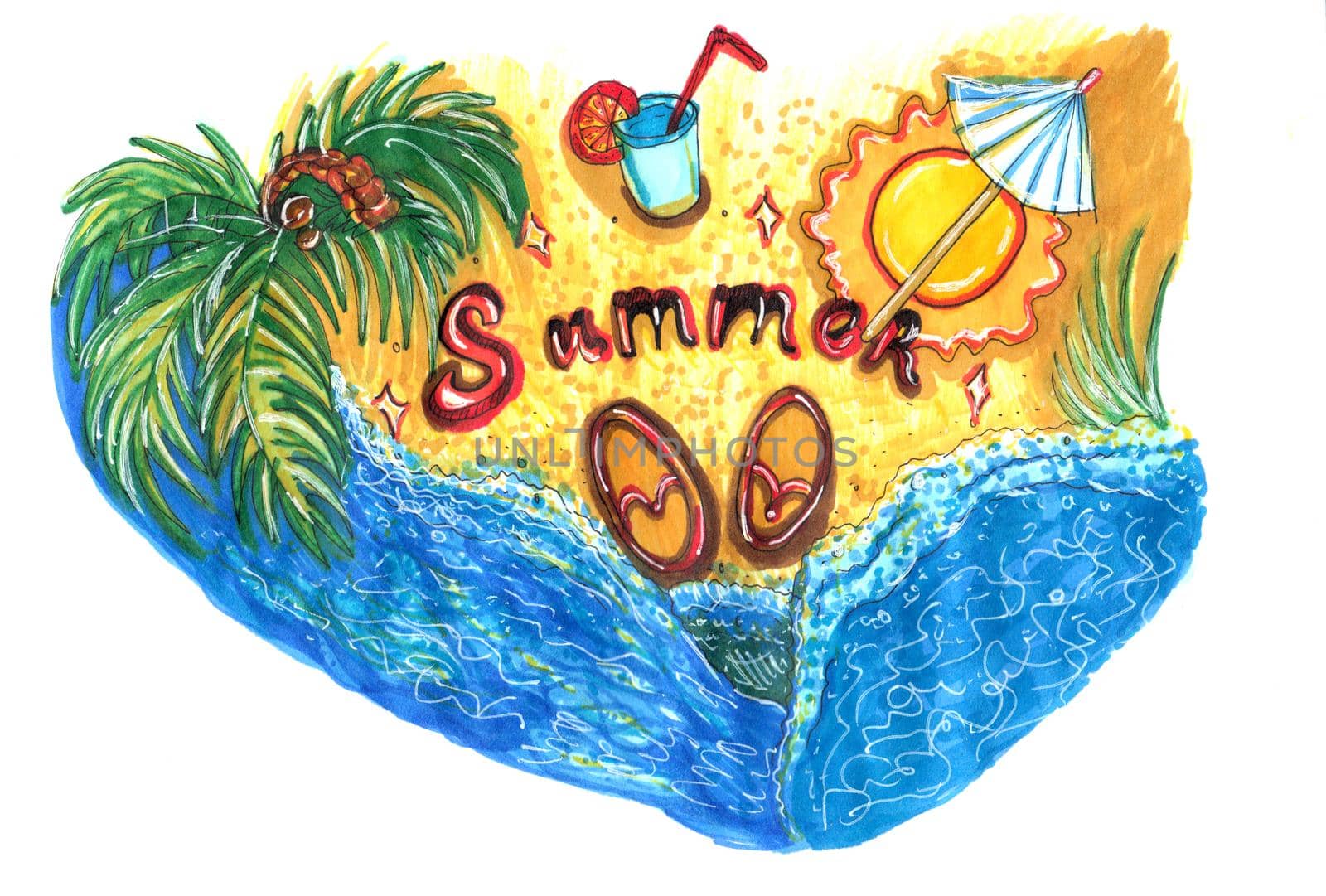 Colorful Summer background design. Horizontal poster, greeting card. Marker illustration.