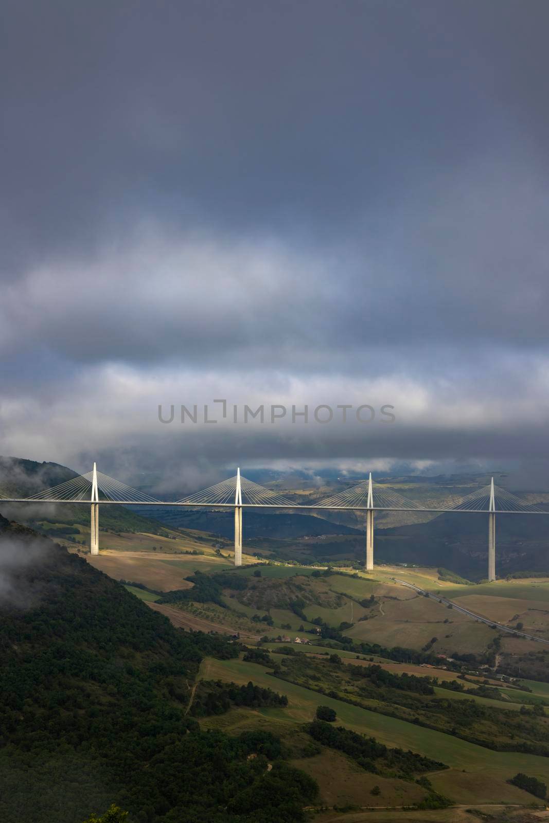 Multi-span cable stayed Millau Viaduct across gorge valley of Tarn River, Aveyron Departement, France