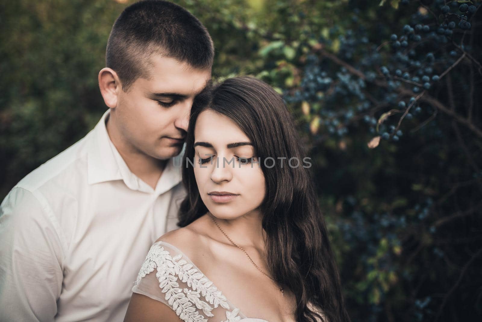 bride and groom in wedding dress on background of green bush with blurred blue berries. by AndriiDrachuk
