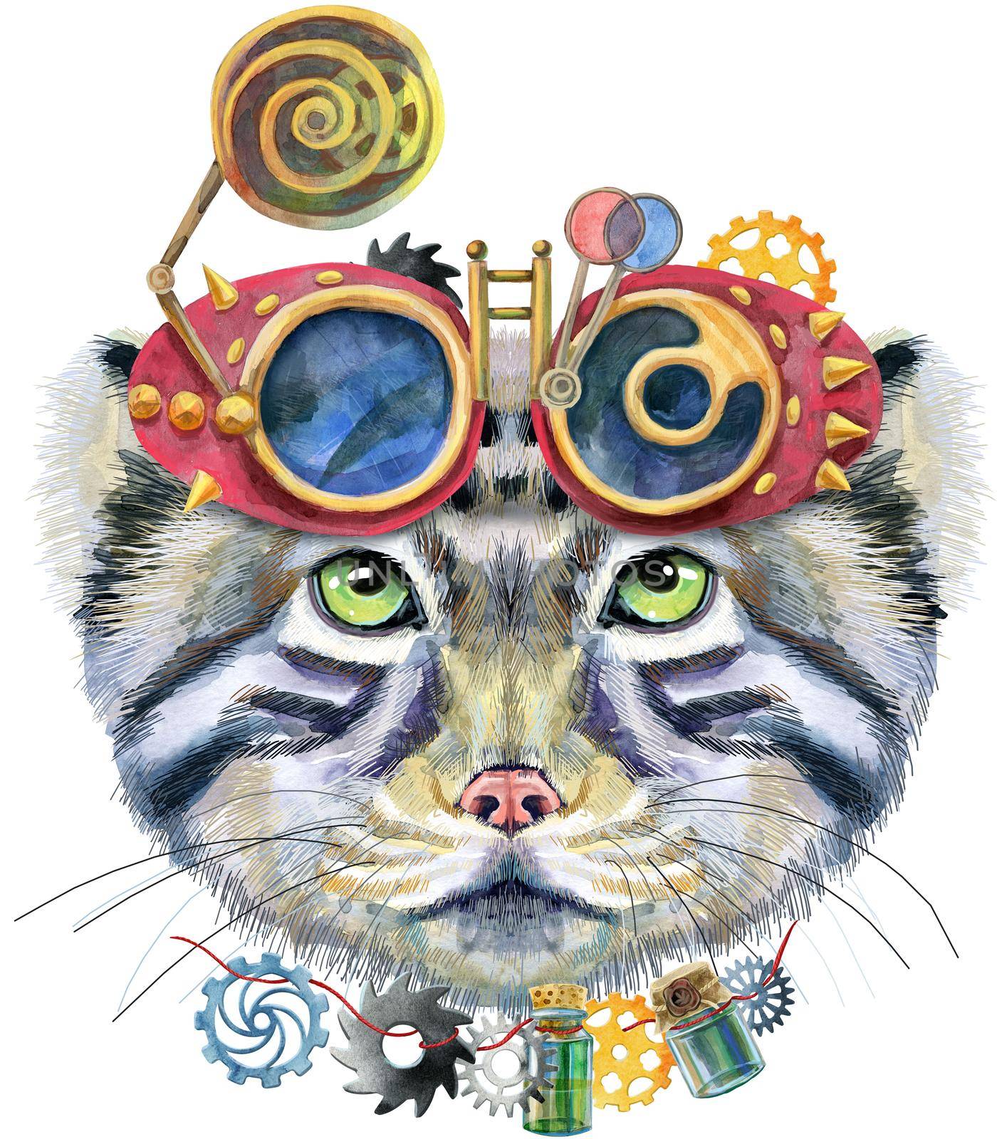 Watercolor portrait of a Manul Cat with steampunk goggles on white background by NataOmsk