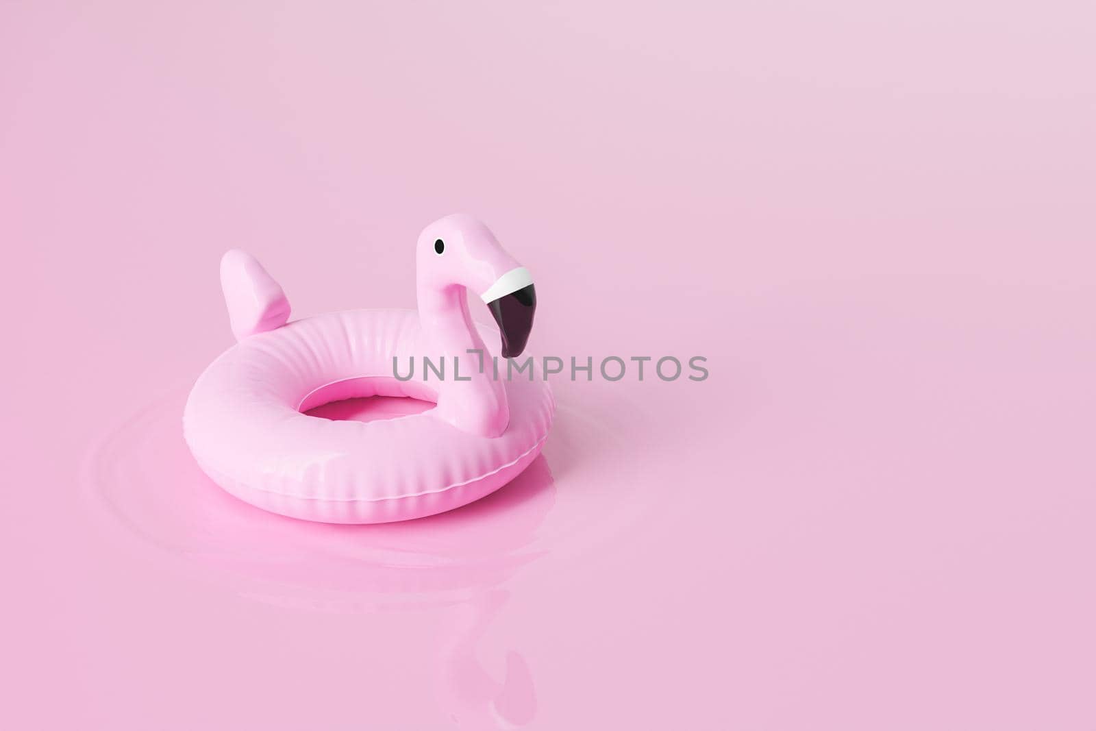 3D illustration of inflatable flamingo shaped tube floating on surface of reflecting pink liquid