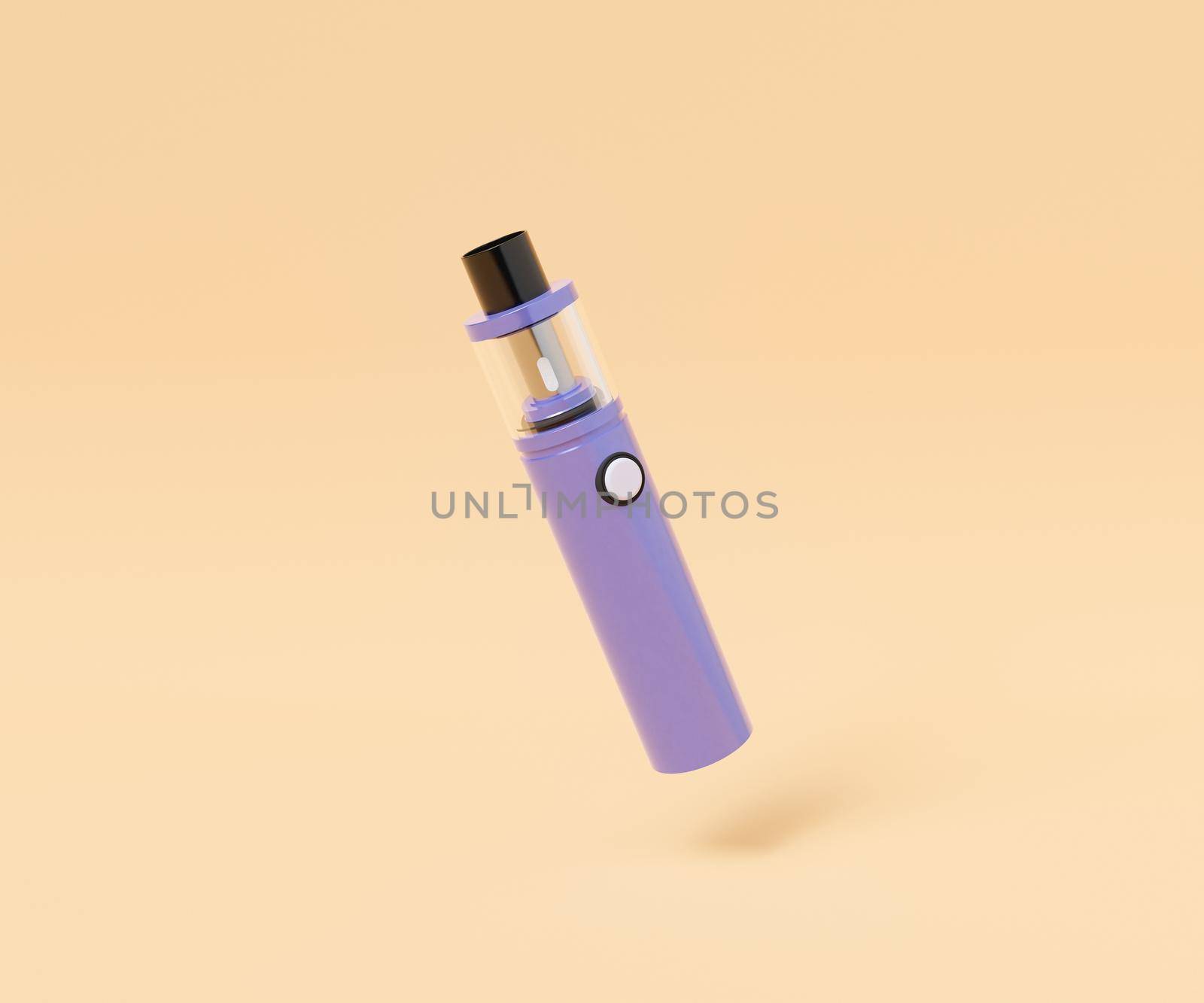 3D illustration of violet electronic cigarette with round button levitating against yellow background