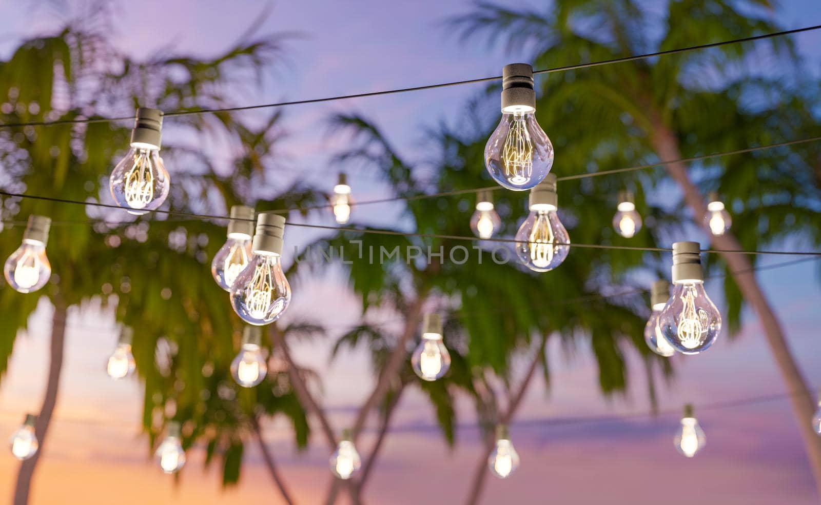 3D illustration of light bulbs hanging on wires against exotic palms and sunset sky on beach