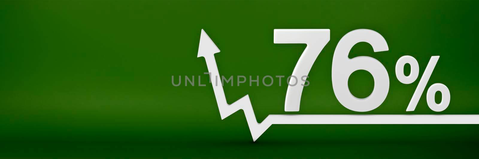 76 percent. The arrow on the graph points up. Rising prices, inflation, increase in income, increase in interest rates, taxes. 3d banner, seventy six percent sign discount on a green background. by SERSOL