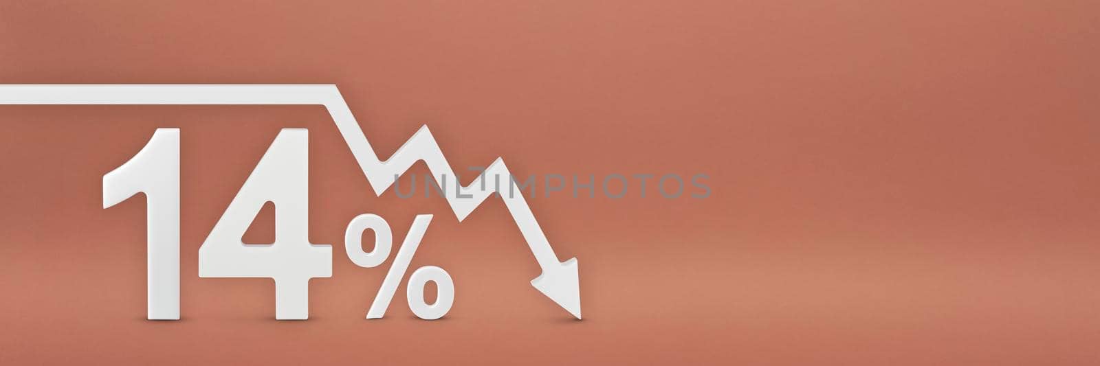 fourteen percent, the arrow on the graph is pointing down. Stock market crash, bear market, inflation. Economic collapse, collapse of stocks. 3d banner, 14 percent discount sign on a red background