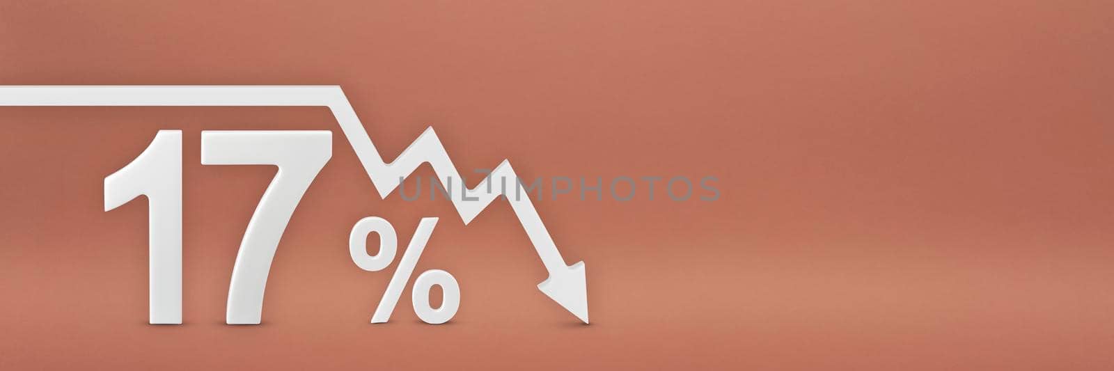 seventeen percent, the arrow on the graph is pointing down. Stock market crash, bear market, inflation. Economic collapse, collapse of stocks. 3d banner, 17 percent discount sign on a red background
