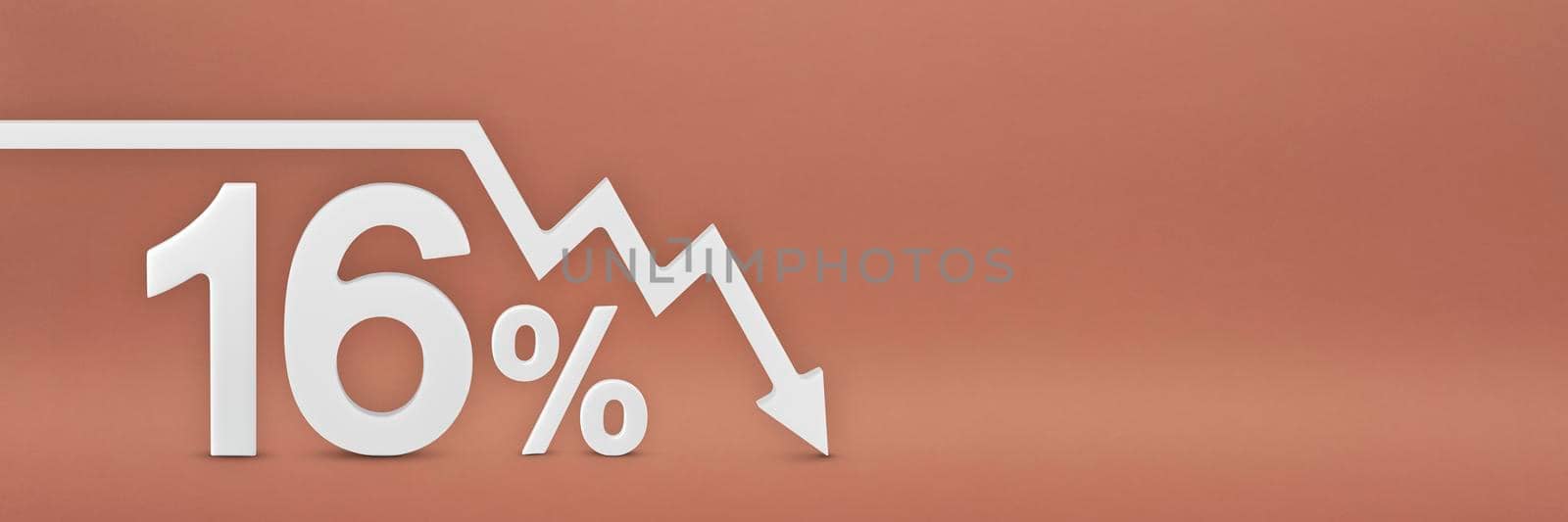 sixteen percent, the arrow on the graph is pointing down. Stock market crash, bear market, inflation. Economic collapse, collapse of stocks. 3d banner, 16 percent discount sign on a red background