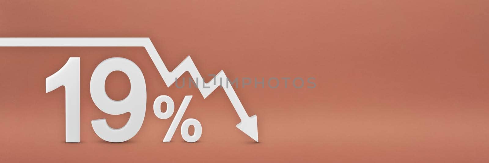 nineteen percent, the arrow on the graph is pointing down. Stock market crash, bear market, inflation. Economic collapse, collapse of stocks. 3d banner, 19 percent discount sign on a red background