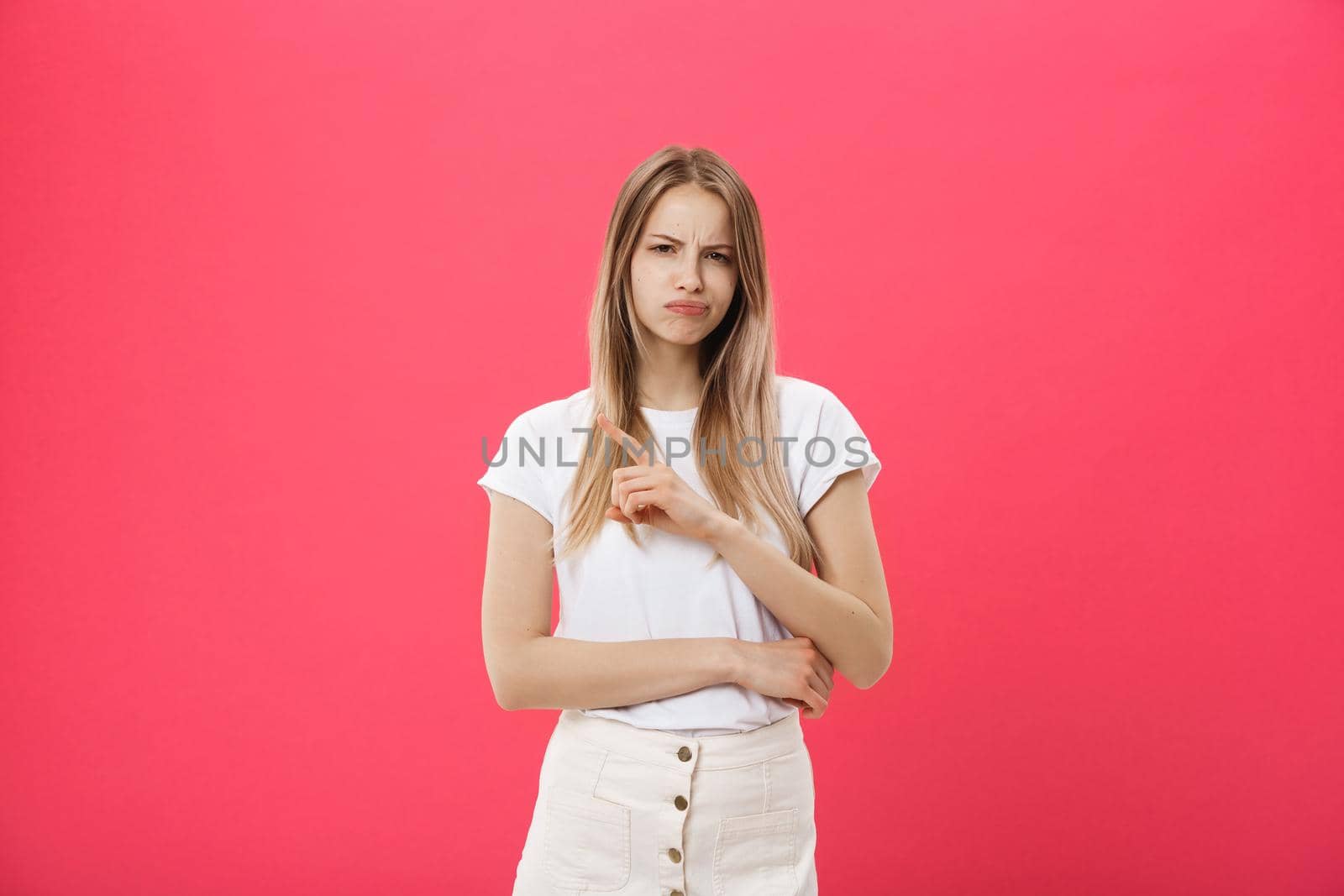 Shot of bored annoyed beautiful teenage girl with straight blond hair looking at camera with boring and annoying face, wearing trendy eyewear and long-sleeved sweater, got tired at school by Benzoix